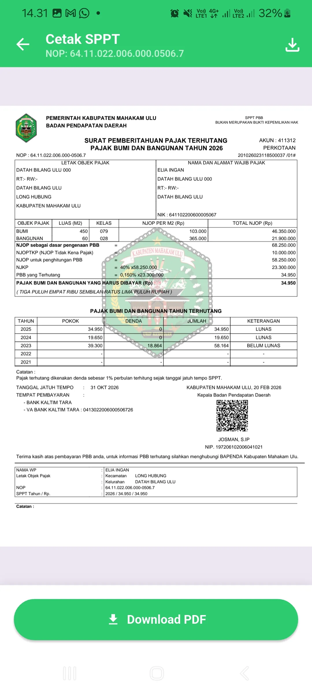 Cetak SPPT PBB Sah dan Download PDF WP PBB GO