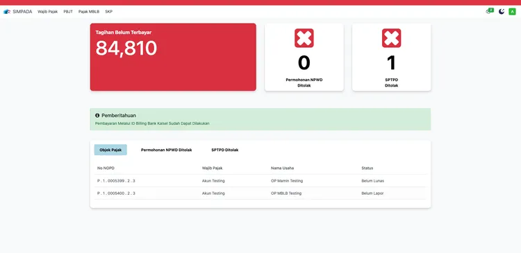 Tangkapan Layar Portal Wajib Pajak SIMPADA