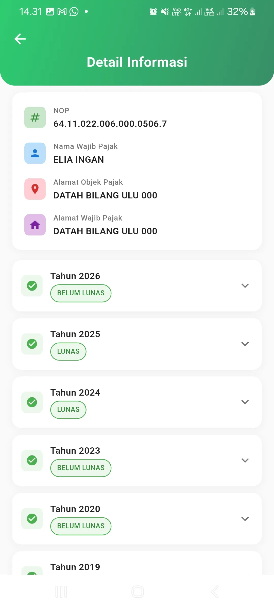 Detail Data SPPT NOP Multi Tahun WP PBB GO
