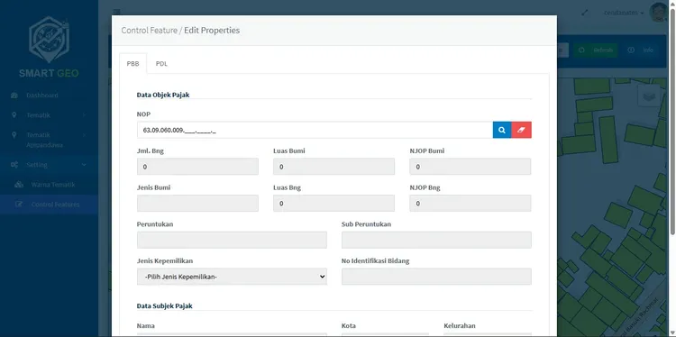 Tangkapan Layar Form Data Objek Pajak NOP SIG PBB