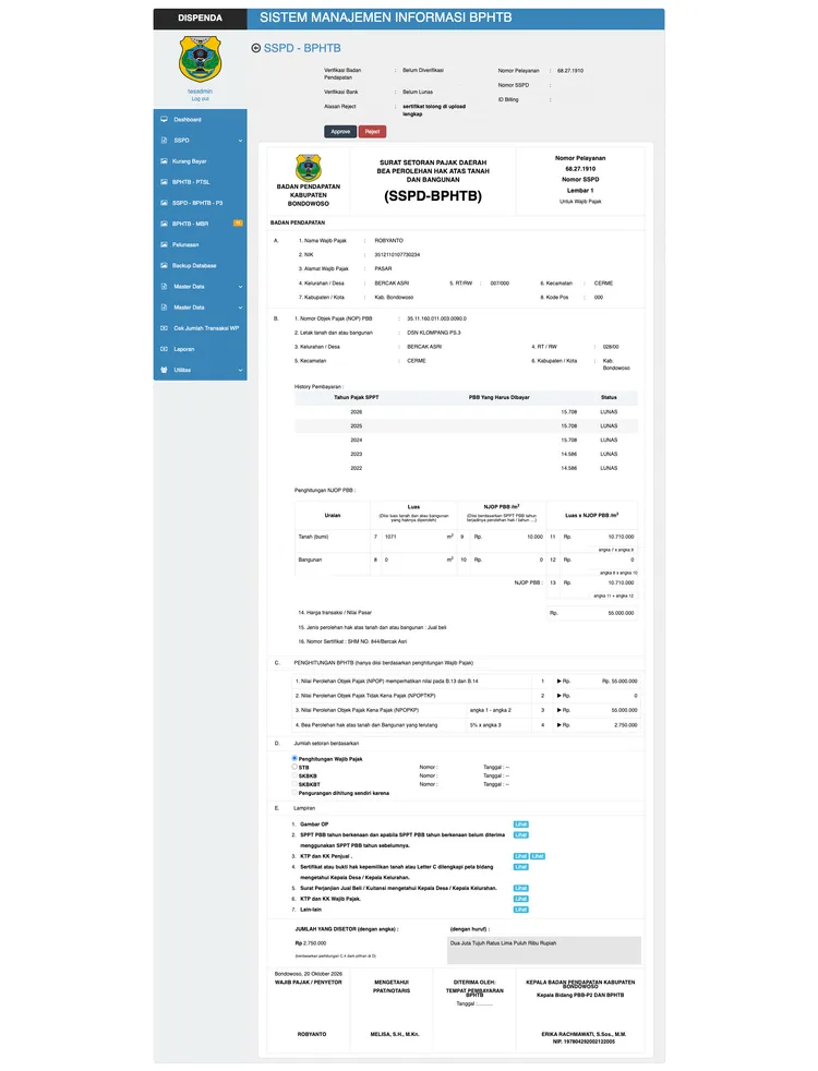 Tangkapan Layar Formulir Input e-SSPD SIBPHTB