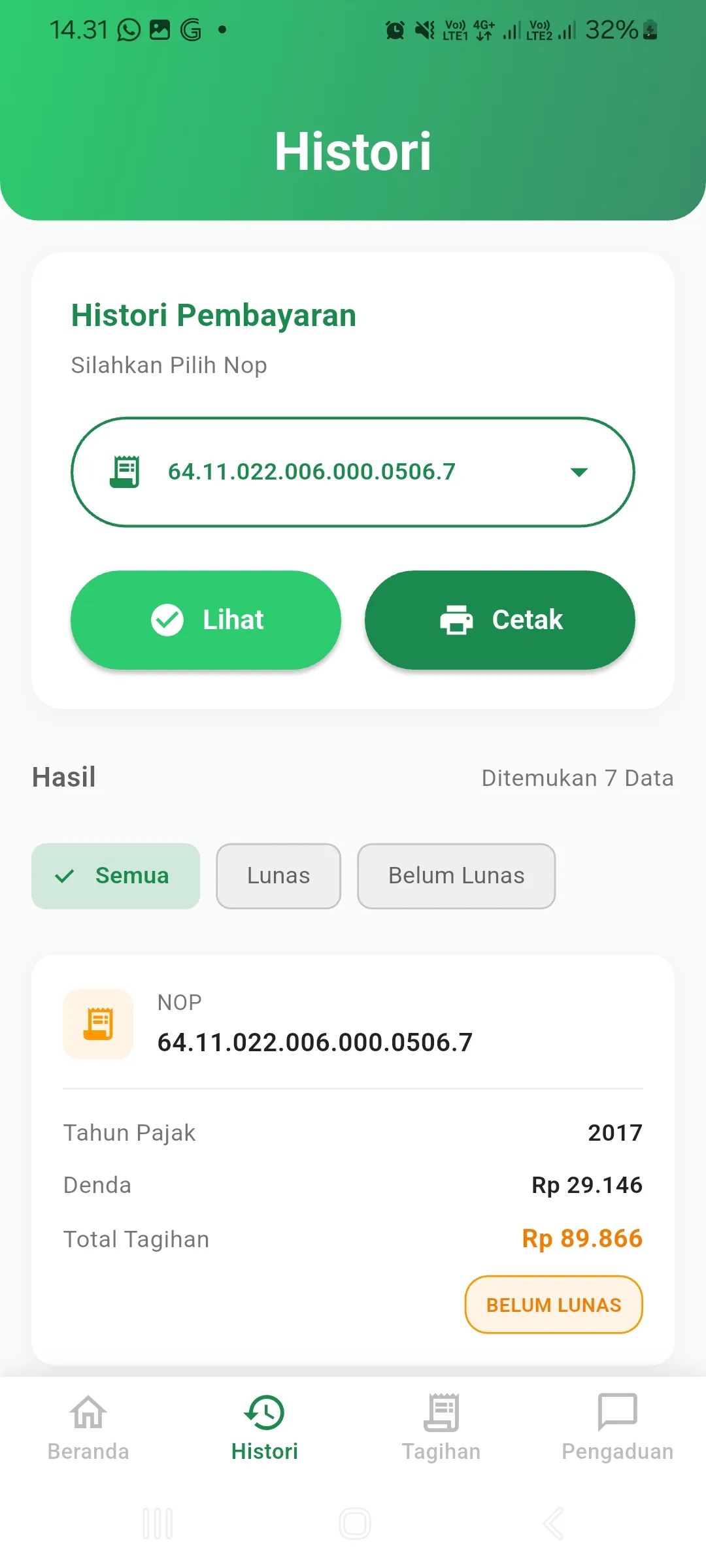 Halaman Histori Pembayaran WP PBB GO