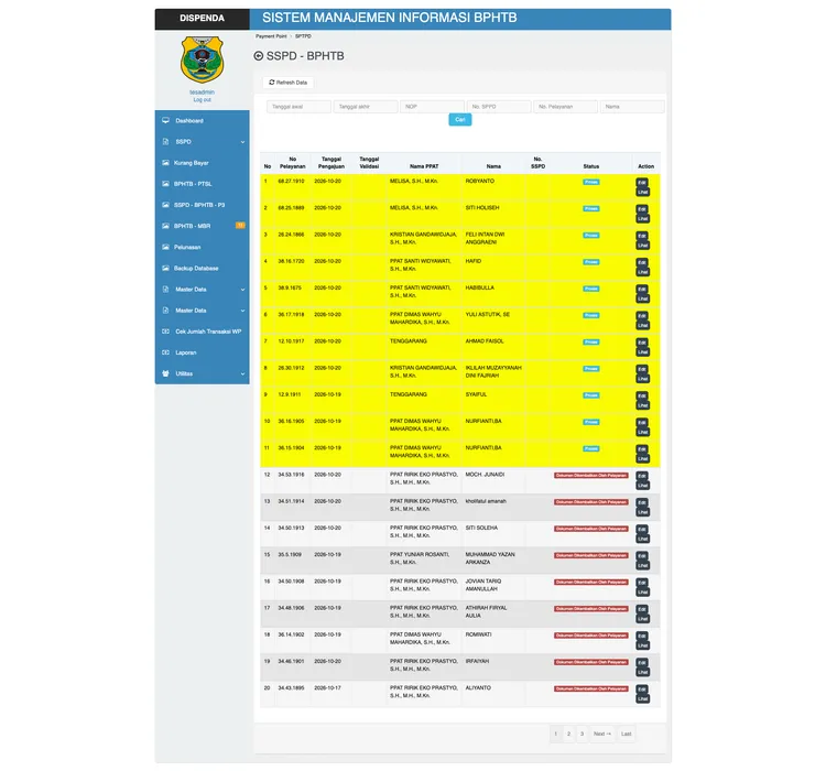 Tangkapan Layar Daftar Pengajuan SSPD SIBPHTB